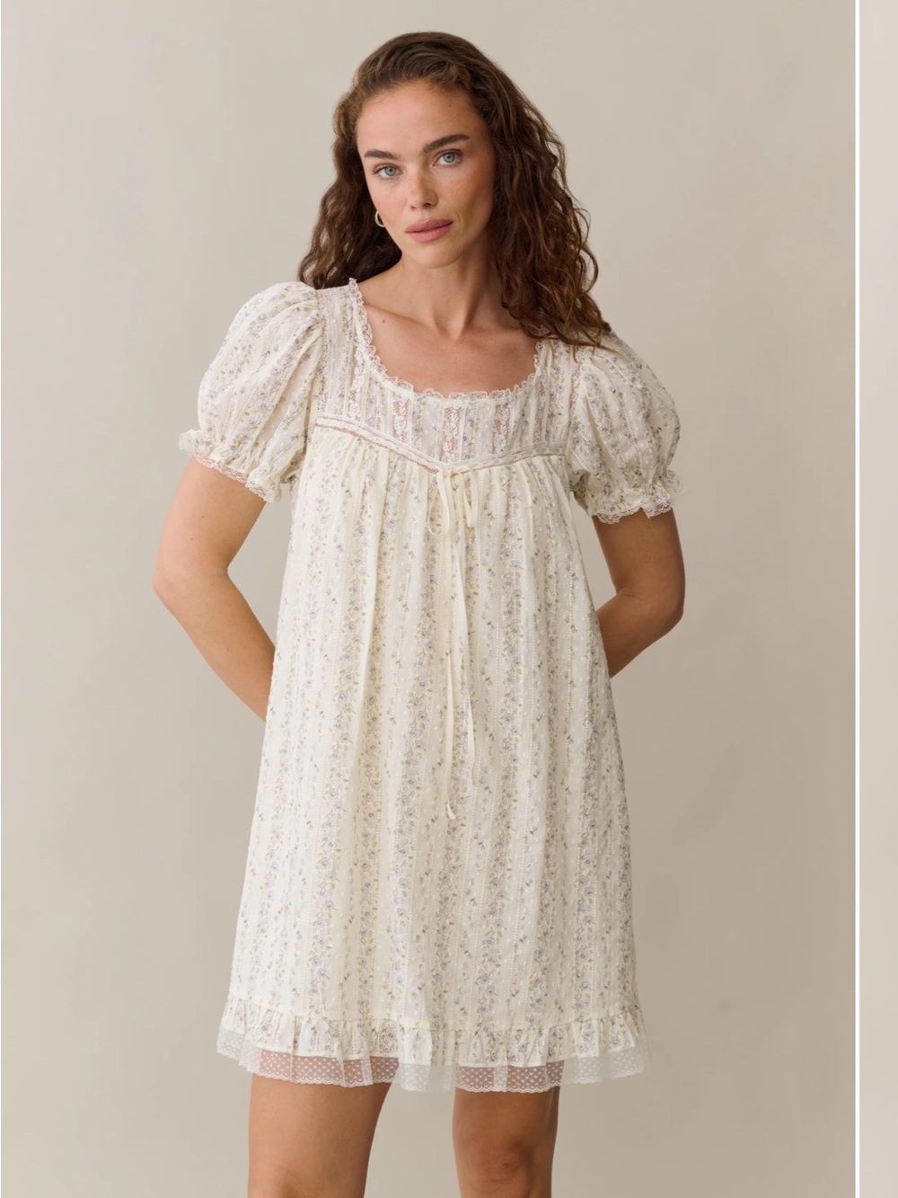 Sorel Cream Floral Puff-Sleeve Dress